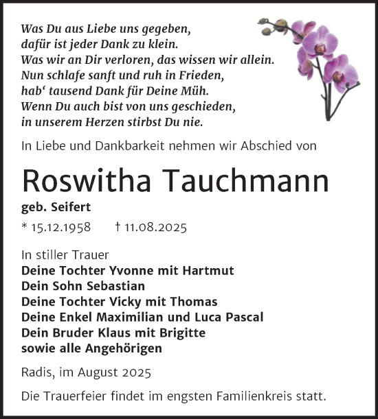 Traueranzeige von Roswitha Tauchmann von Trauerkombi Wittenberg