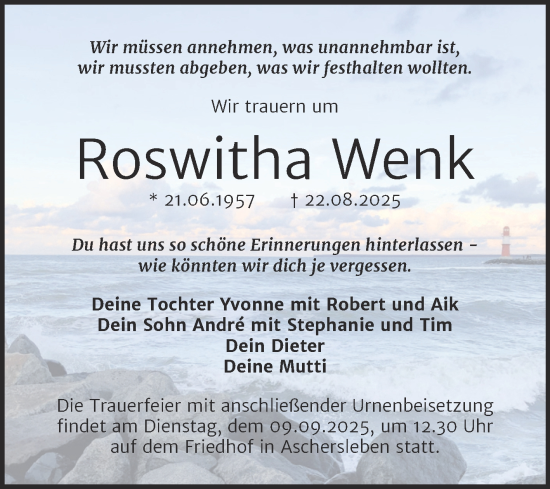 Traueranzeige von Roswitha Wenk von Trauerkombi Aschersleben