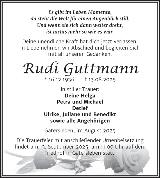 Traueranzeige von Rudi Guttmann von Trauerkombi Aschersleben