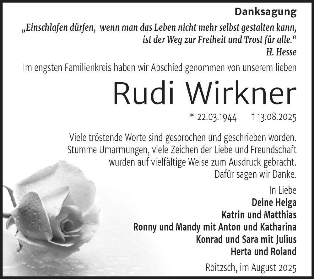  Traueranzeige für Rudi Wirkner vom 30.08.2025 aus Trauerkombi Bitterfeld
