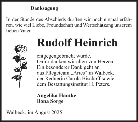 Traueranzeige von Rudolf Heinrich von Volksstimme Haldensleben/Wolmirstedt