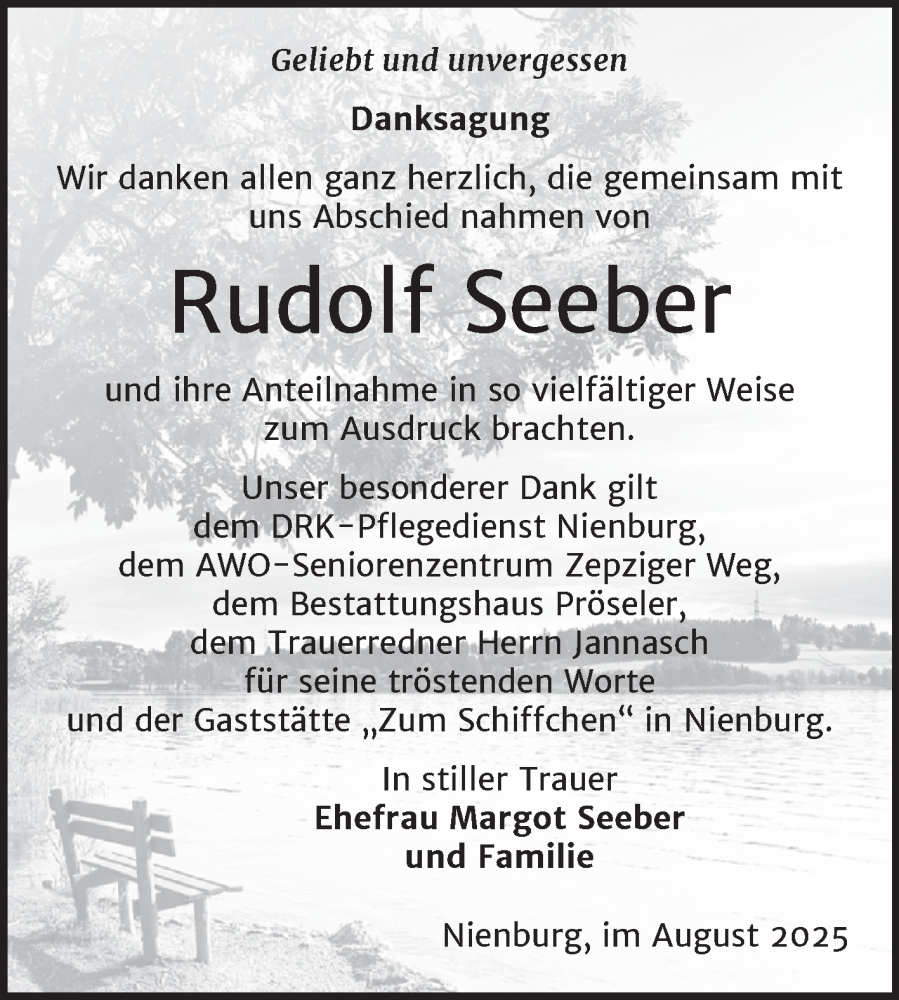  Traueranzeige für Rudolf Seeber vom 30.08.2025 aus Trauerkombi Bernburg