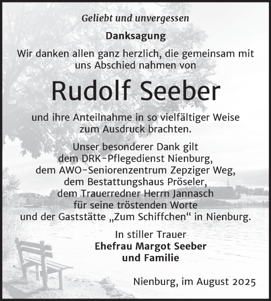 Traueranzeige von Rudolf Seeber von Trauerkombi Bernburg
