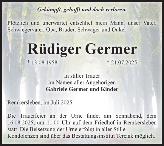 Traueranzeige von Rüdiger Germer von Volksstimme Oschersleben/Wanzleben