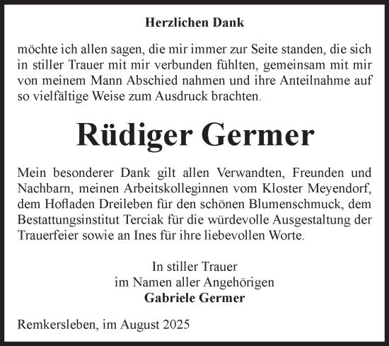 Traueranzeige von Rüdiger Germer von Volksstimme Oschersleben/Wanzleben
