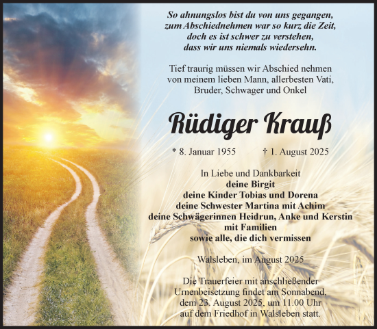 Traueranzeige von Rüdiger Krauß von Volksstimme Altmark Ost