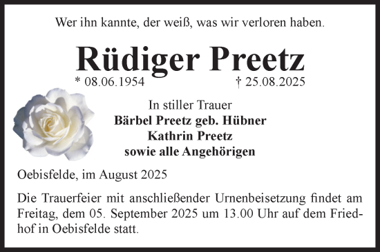 Traueranzeige von Rüdiger Preetz von Volksstimme Altmark West