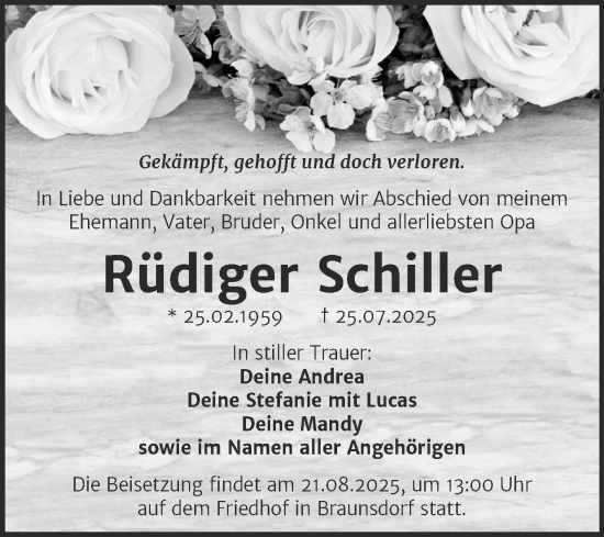 Traueranzeige von Rüdiger Schiller von Trauerkombi Merseburg