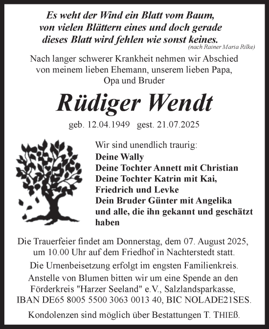 Traueranzeige von Rüdiger Wendt von Trauerkombi Aschersleben