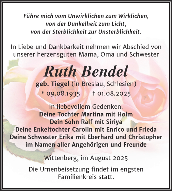 Traueranzeige von Ruth Bendel von Trauerkombi Wittenberg