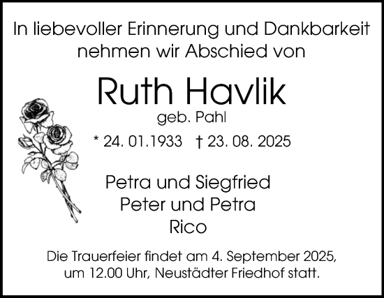 Traueranzeige von Ruth Havlik von Volksstimme Magdeburg