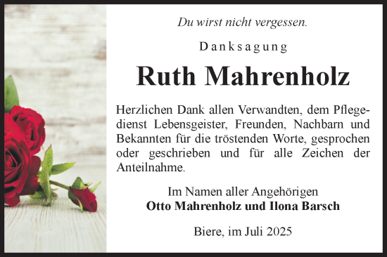 Traueranzeige von Ruth Mahrenholz von Volksstimme Schönebeck