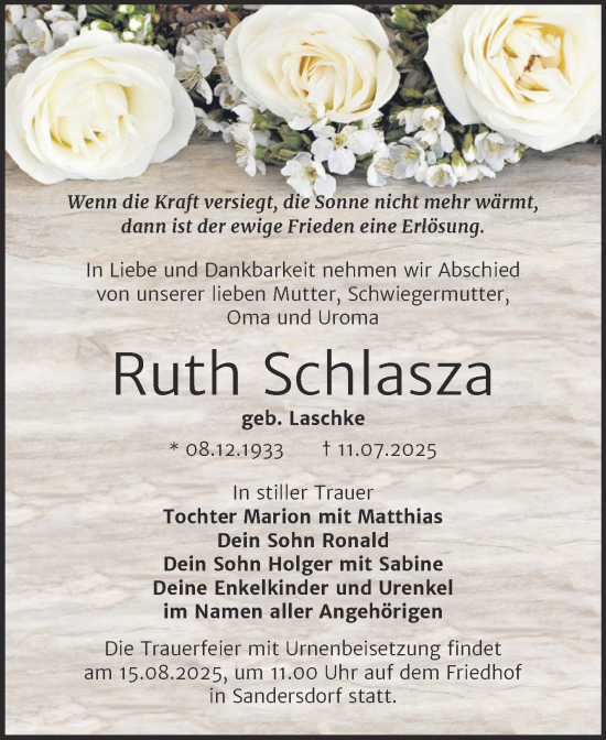 Traueranzeige von Ruth Schlasza von Trauerkombi Bitterfeld