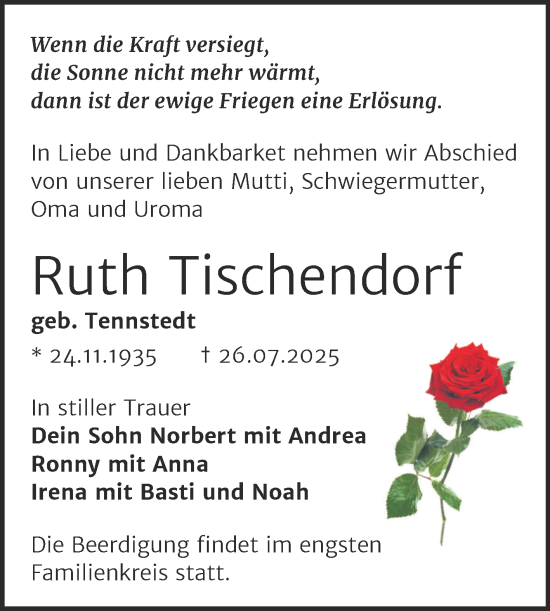 Traueranzeige von Ruth Tischendorf von Trauerkombi Merseburg