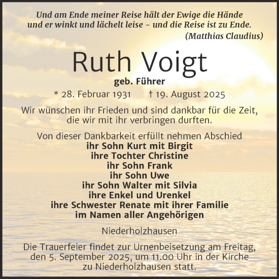 Traueranzeige von Ruth Voigt von Super Sonntag Naumburg/Nebra