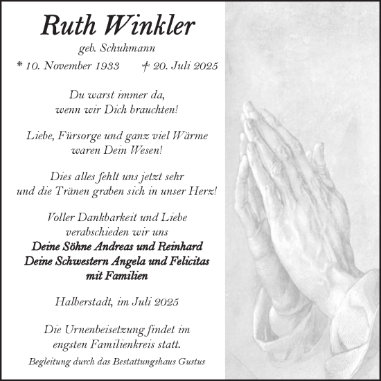Traueranzeige von Ruth Winkler von Volksstimme Halberstadt