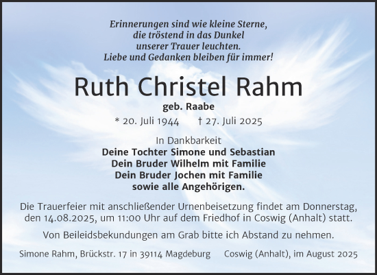 Traueranzeige von Ruth Christel Rahm von Trauerkombi Wittenberg