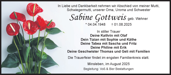 Traueranzeige von Sabine Gottweis von Volksstimme Wernigerode