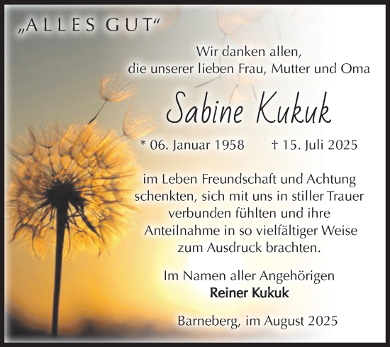 Traueranzeige von Sabine Kukuk von Volksstimme Oschersleben/Wanzleben