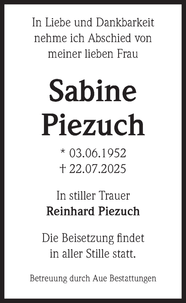  Traueranzeige für Sabine Piezuch vom 02.08.2025 aus Volksstimme Magdeburg