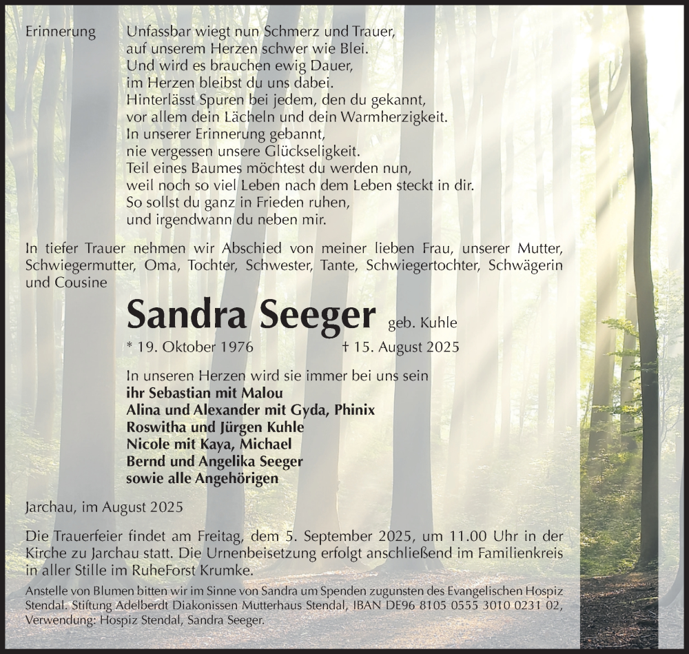  Traueranzeige für Sandra Seeger vom 30.08.2025 aus Volksstimme Altmark Ost