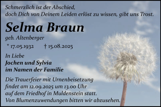 Traueranzeige von Selma Braun von Trauerkombi Wittenberg