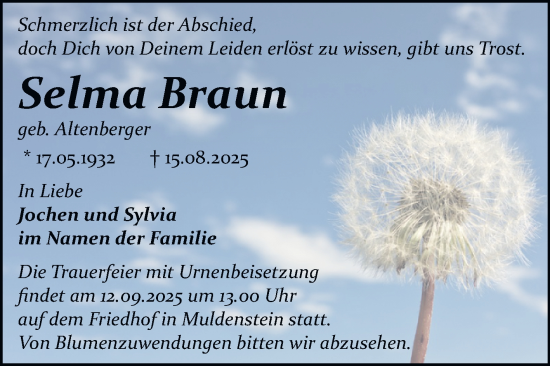 Traueranzeige von Selma Braun von Trauerkombi Bitterfeld