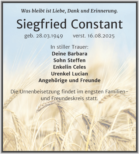 Traueranzeige von Siegfried Constant von Trauerkombi Köthen