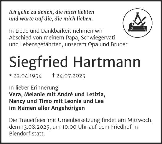 Traueranzeige von Siegfried Hartmann von Trauerkombi Bernburg