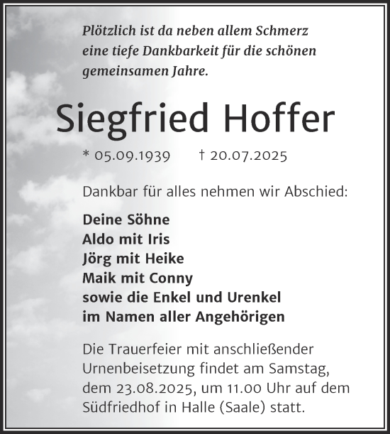 Traueranzeige von Siegfried Hoffer von Mitteldeutsche Zeitung Halle/Saalkreis