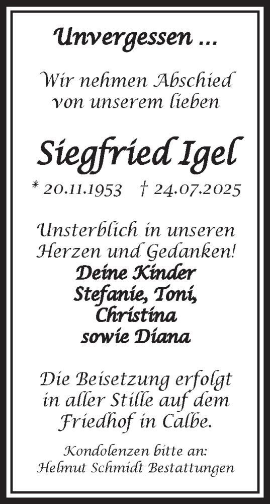 Traueranzeige von Siegfried Igel von Volksstimme Schönebeck