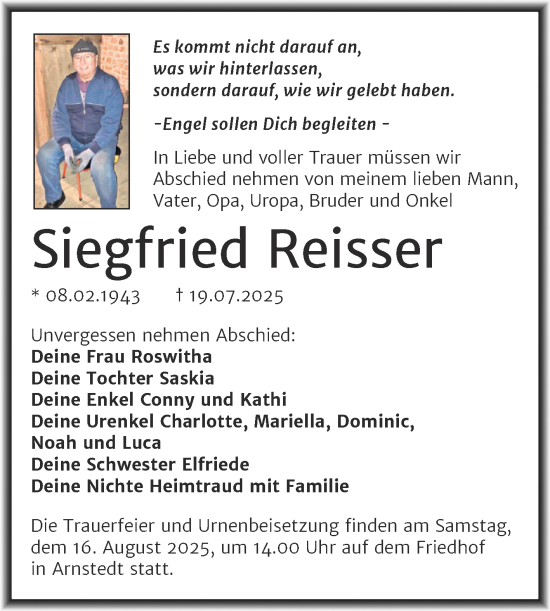 Traueranzeige von Siegfried Reisser von Trauerkombi Mansfelder Land