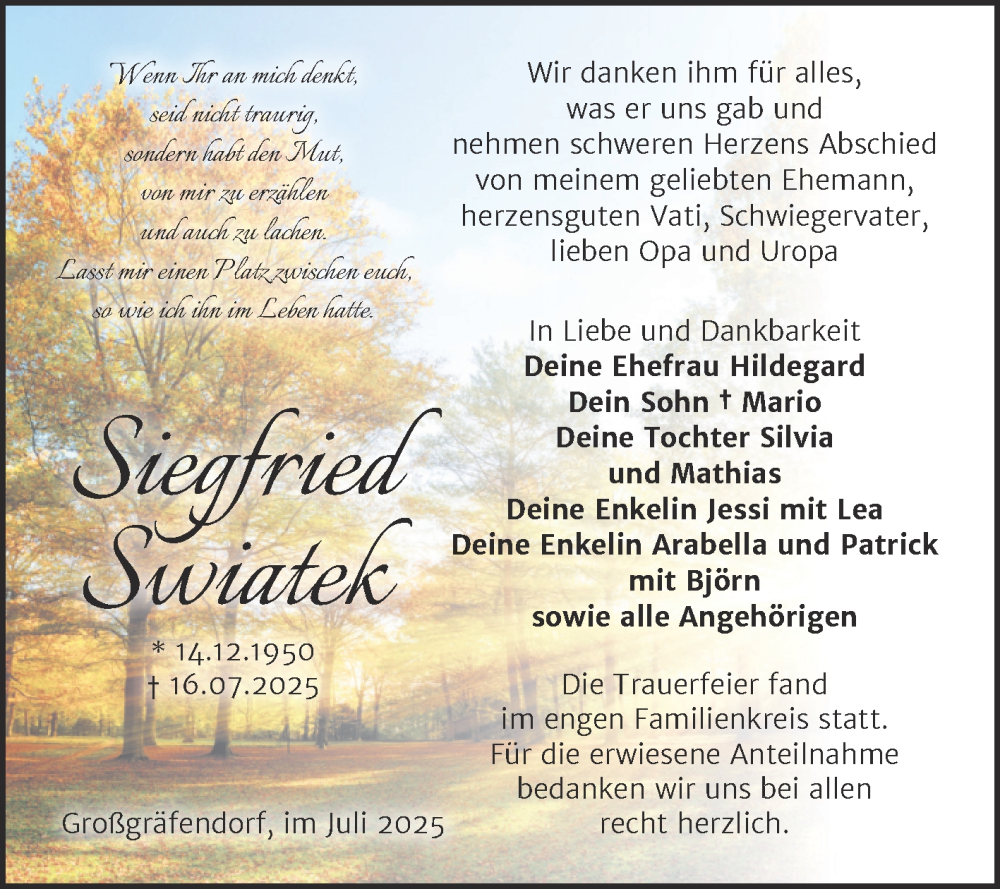  Traueranzeige für Siegfried Swiatek vom 09.08.2025 aus Trauerkombi Merseburg