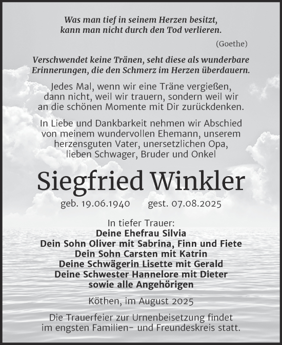 Traueranzeige von Siegfried Winkler von Trauerkombi Köthen