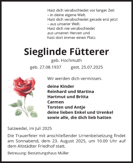 Traueranzeige von Sieglinde Fütterer von Volksstimme Altmark West