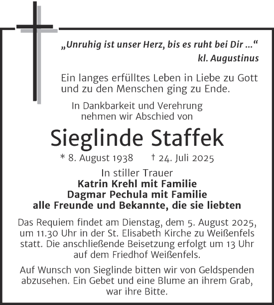 Traueranzeige von Sieglinde Staffek von Trauerkombi Weißenfels