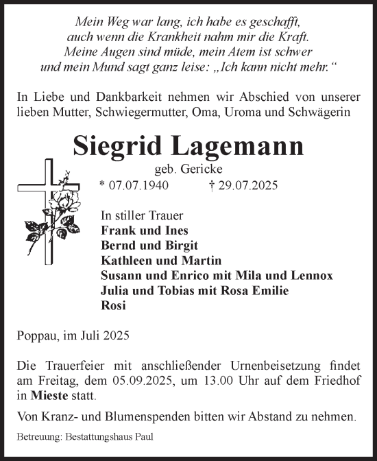 Traueranzeige von Siegrid Lagemann von Volksstimme Altmark West