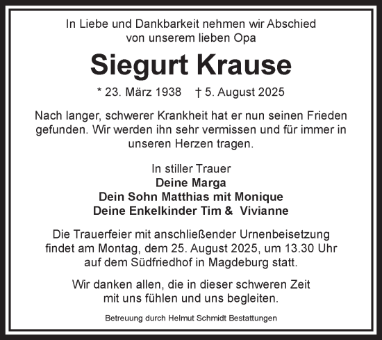 Traueranzeige von Siegurt Krause von Volksstimme Magdeburg