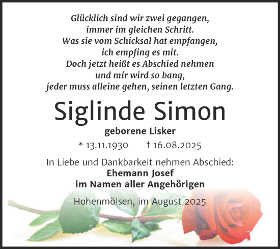 Traueranzeige von Siglinde Simon von Trauerkombi Weißenfels