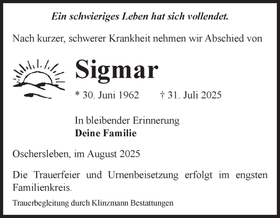 Traueranzeige von Sigmar  von Volksstimme Oschersleben/Wanzleben