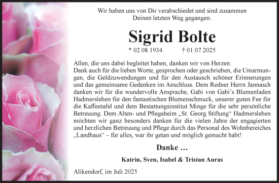 Traueranzeige von Sigrid Bolte von Volksstimme Oschersleben/Wanzleben