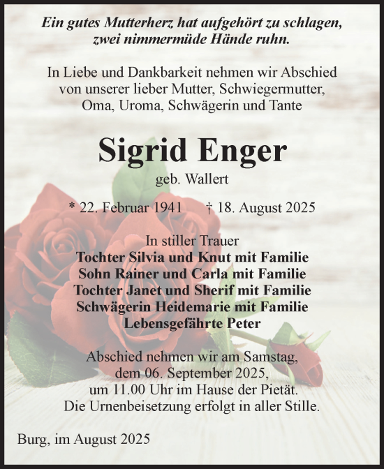 Traueranzeige von Sigrid Enger von Volksstimme Burg/Genthin