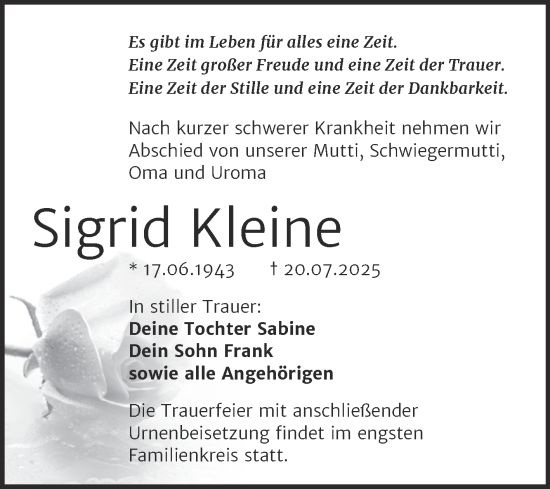 Traueranzeige von Sigrid Kleine von Trauerkombi Dessau