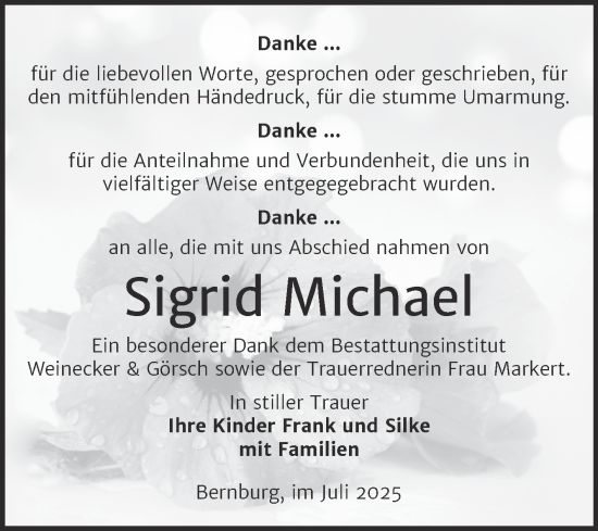 Traueranzeige von Sigrid Michael von Trauerkombi Bernburg