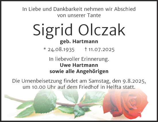 Traueranzeige von Sigrid Olczak von Trauerkombi Mansfelder Land