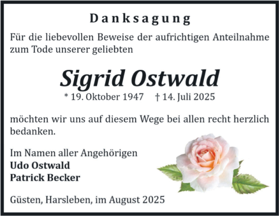 Traueranzeige von Sigrid Ostwald von Volksstimme Staßfurt