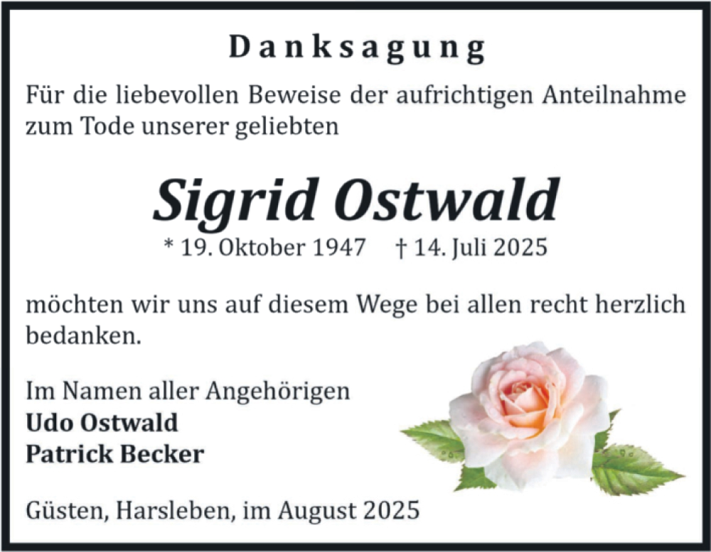  Traueranzeige für Sigrid Ostwald vom 16.08.2025 aus Volksstimme Staßfurt