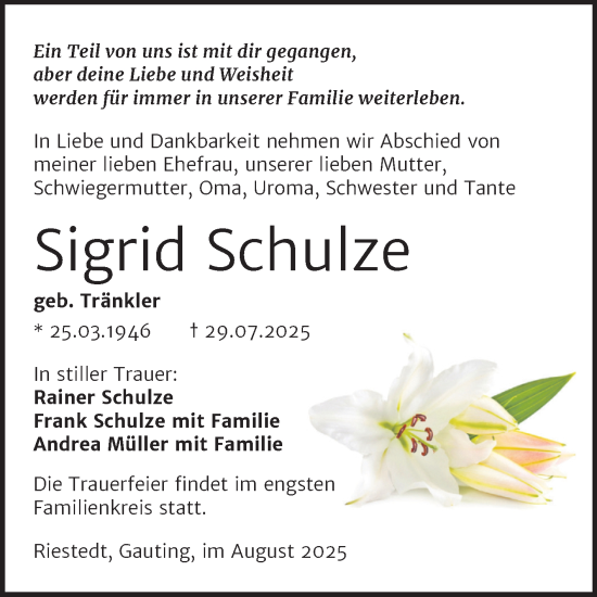 Traueranzeige von Sigrid Schulze von Trauerkombi Sangerhausen