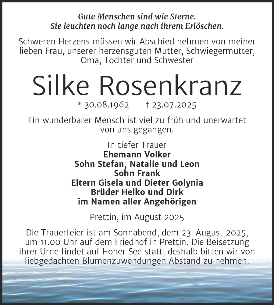  Traueranzeige für Silke Rosenkranz vom 02.08.2025 aus Trauerkombi Wittenberg