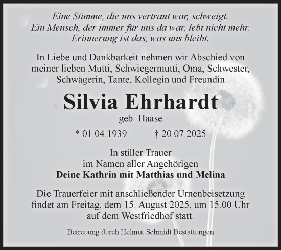 Traueranzeige von Silvia Ehrhardt von Volksstimme Magdeburg